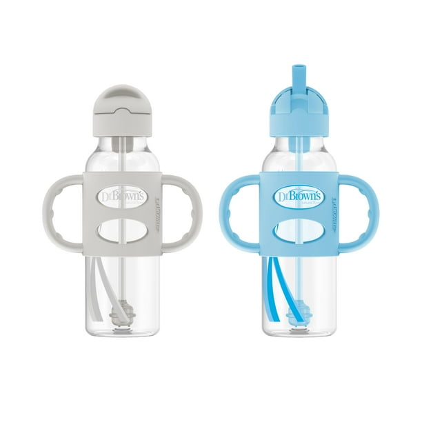 Botella Sippy Straw Dr. Brown's Milestones de 250 ml, más de 6 m, gris y azul