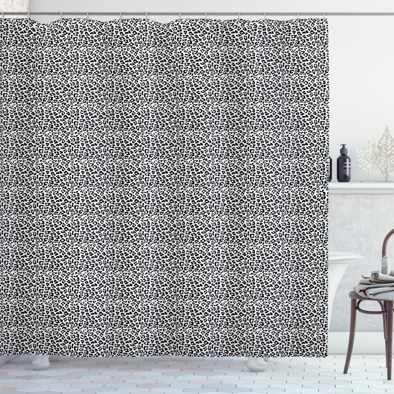 Leopard Print Shower Curtain, Black and White Graphic Style Wild Jungle