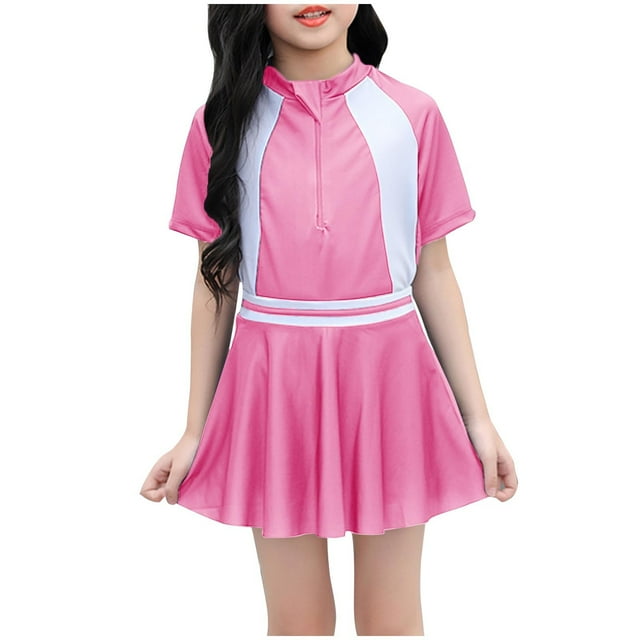 Teen Girls One Piece Short Sleeve Swim Dress Rash Guard Bathing Suit Skirted Zip Front Swimwear Pink 5-7 Years