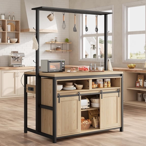 Huisuilinss Kitchen Island With Shelf,Wood Island Table,Multi-Functional Bakers Rack,Large Coffee Bar Table With Sliding Barn Door,4 Hook For Kitchen Dining Room Living Room