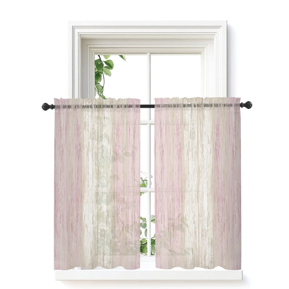 Pink Wooden Curtains 45 Inch Length, Sheer Curtains for Bedroom Living Room Window Farmhouse Brown Vintage Distressed Rod Pocket Voile Drapes Kitchen Curtains Small Half Window 42"x45" 2 Panels
