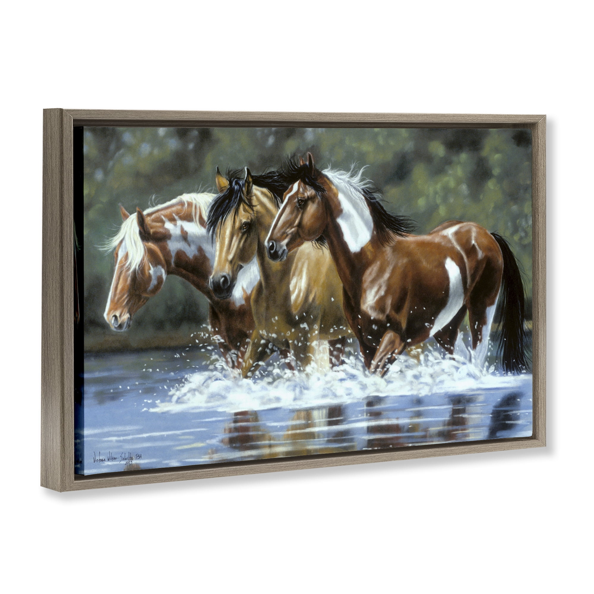 Stupell Industries Heading Upstream Horses Animals & Insects Painting Brown Floater Framed Canvas Art Print Wall Art, 25 x 17
