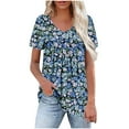 thumbnail image 2 of Shirts for Women Short Sleeved V-Neck Floral Print Pleated Casual Summer Blouse Blue L, 2 of 6