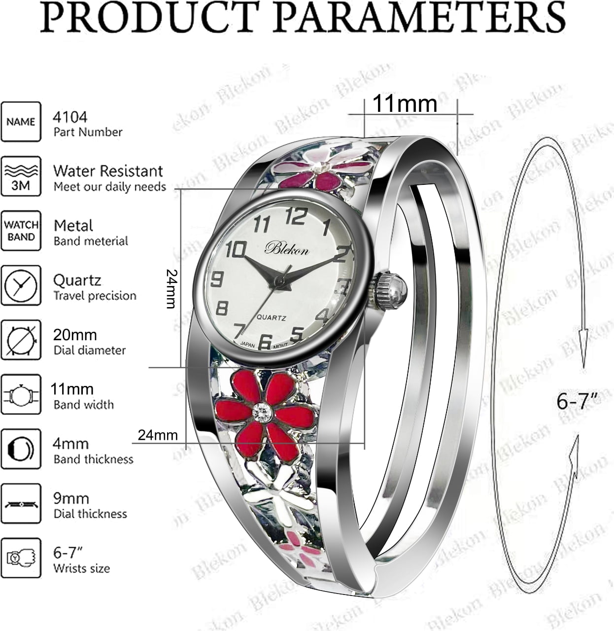 Blekon Women’s Cuff Bangle Watch – Elegant Silver Bracelet Watch with Flower Design, Fashion Jewelry Timepiece for Women