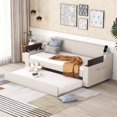 thumbnail image 3 of Tcbosik Upholstered Daybed with Trundle and USB Port, Twin Size Linen Fabric Sofa Bed with Storage Arms and Side Pocket for Living Room, Bedroom, Wood Slats Support, Space Saving, Beige, 3 of 11