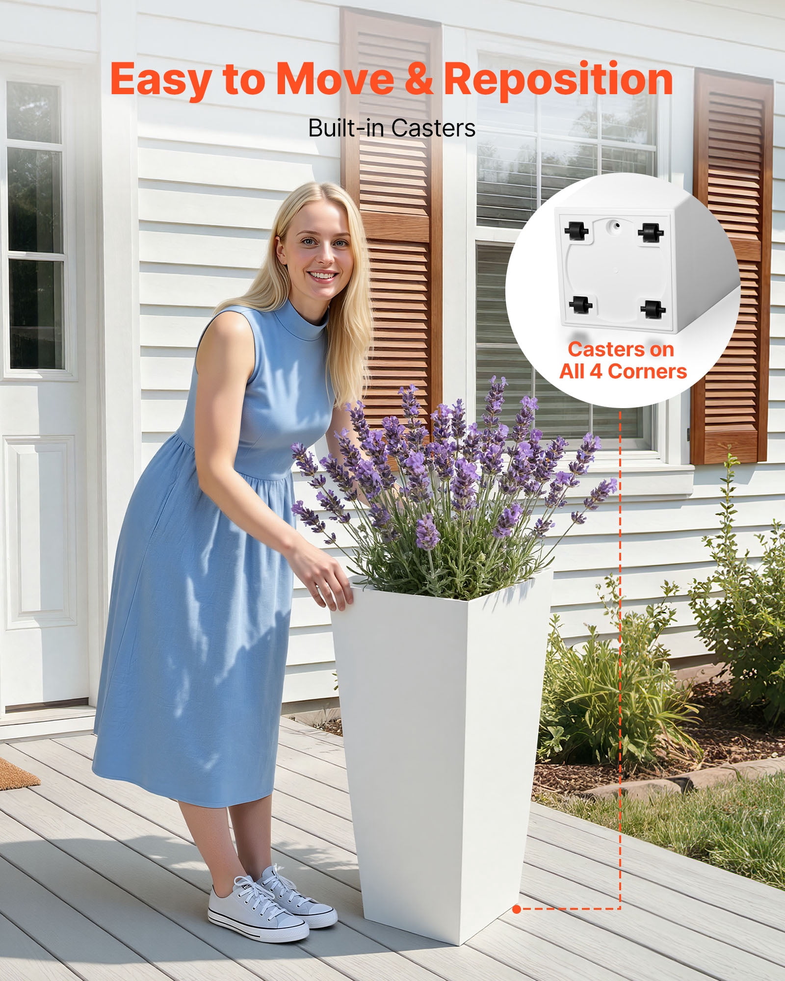 VEVOR Tall Planters Set of 2, 26 Inch Large Outdoor Taper Planters for Outdoor Indoor Plants, Front Porch Plastic Modern Flower Pots with Casters, Inner Pot & Drainage Holes for Patio, Garden, White