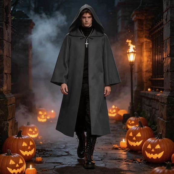 Hooded Monk Robe, Wizard Robe, Priest Cloak Wizard, Robe Religious Costume, Priest Costume, Men's Cosplay Cloak Robe Costume Halloween Tunic Hooded Uniform, Black L