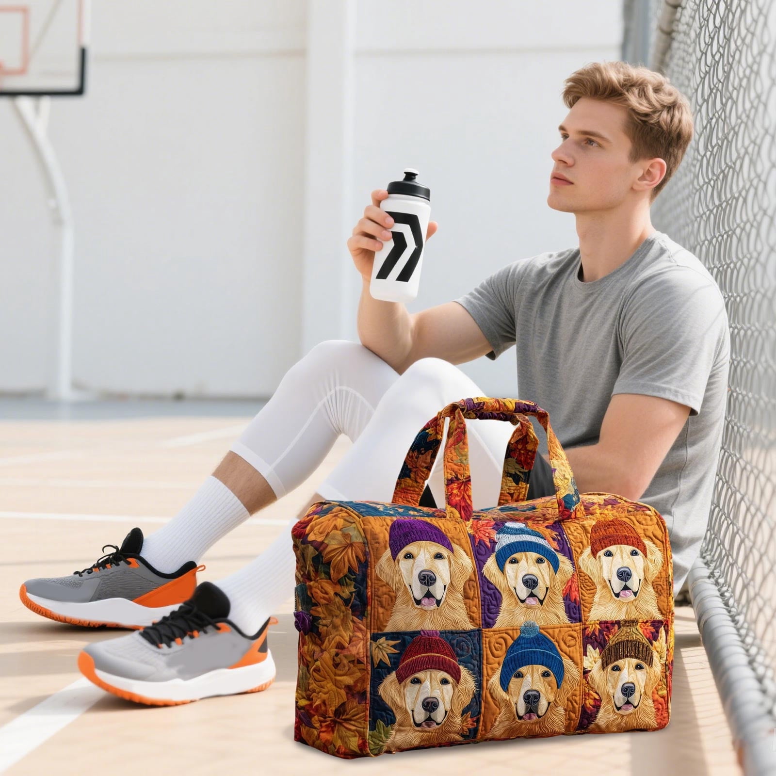 ROLKFUK Womens Small Quilted Weekend Travel Bag Overnight Duffel Tote with Dog Embroidery Shoulder Strap for Gym Sports Overnight