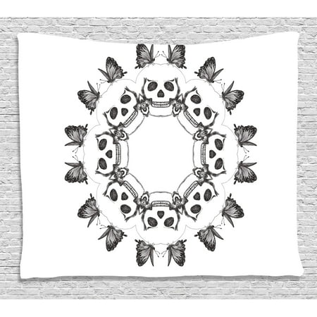 - Mandala Decor Tapestry, Gothic Trippy Circular Dead Skull Bones Heads with Butterflies Sacred Life Image, Wall Hanging for Bedroom Living Room Dorm Decor, 60W X 40L Inches, Grey, by Ambesonne