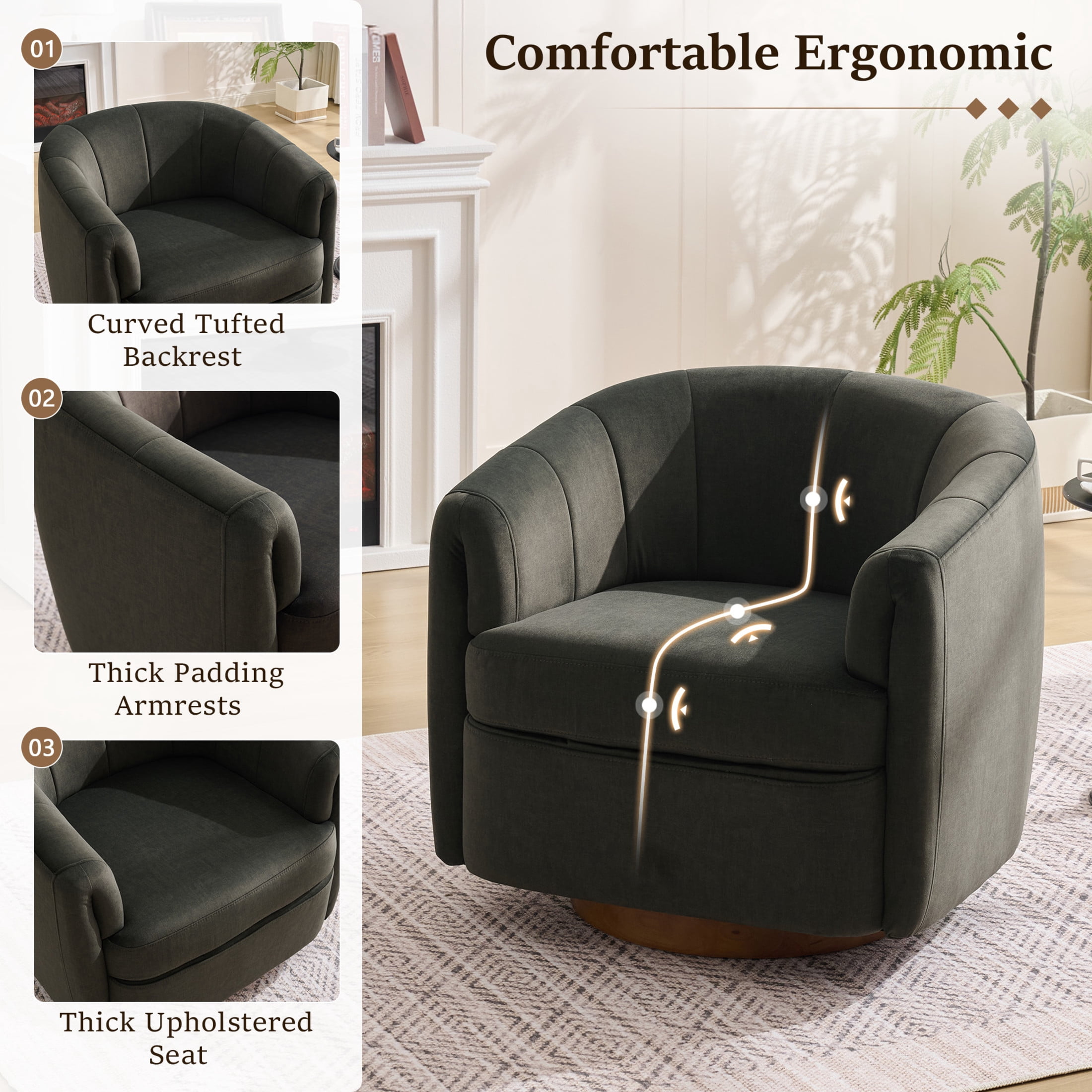 Noble House Swivel Accent Chair with Solid Wood Base, Velvet Upholstered Armchair for Living Room, Gray