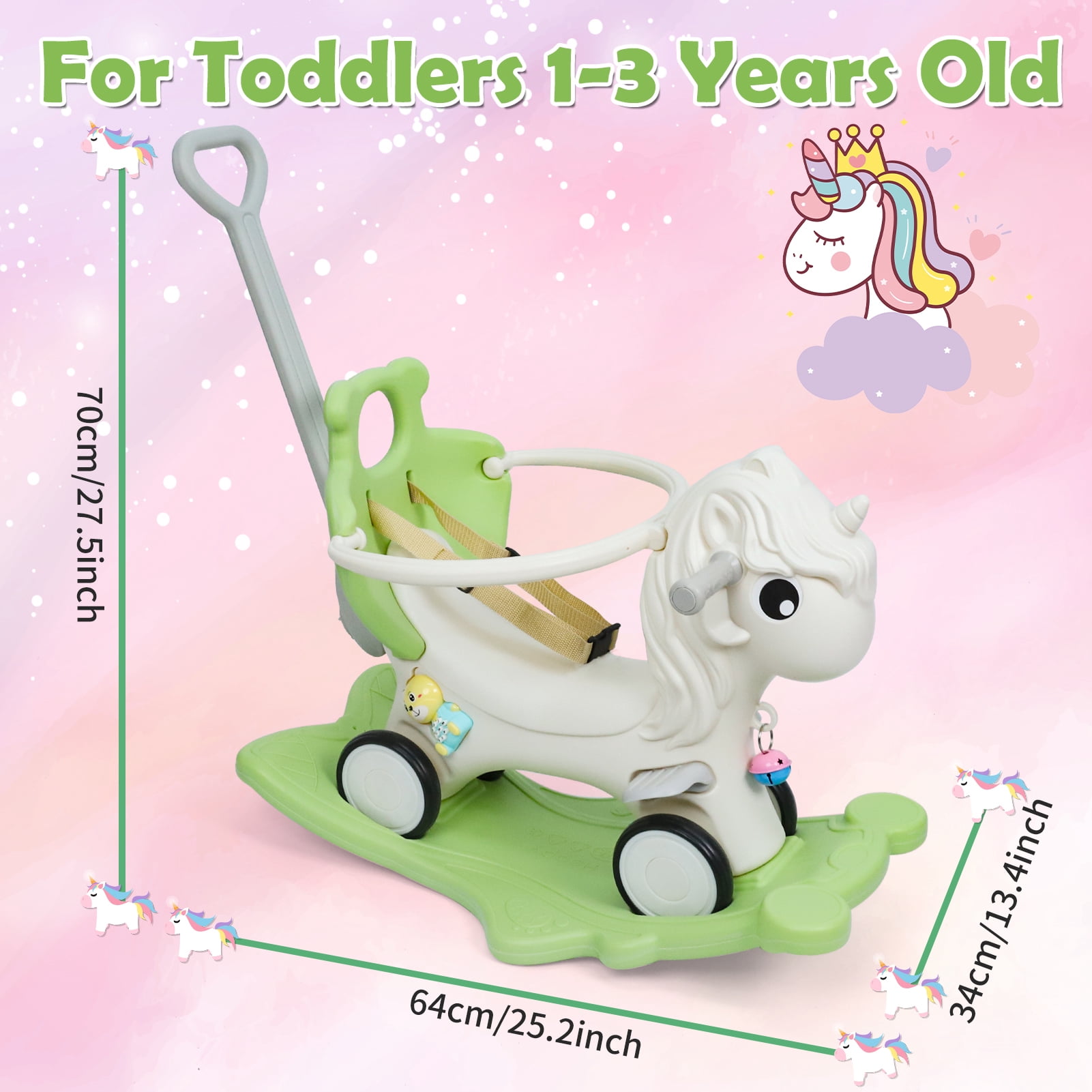 Wdmiya 4 in 1 Rocking Horse for Toddlers 1-3 Years Old, Baby Unicorn Rocking Toy Birthday Gift for Boy and Girl, Ride on Toy with Detachable Balance Board，Balance Bike with Push Handle, Green