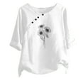 thumbnail image 2 of OKBOP White Ladies Tops Clearance Under $10 3/4 Sleeve Cotton and Linen Crew Neck Floral T-Shirts Womens Shirts Under $5, 2 of 4