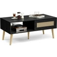thumbnail image 6 of Coffee Table with Storage, Boho Dining Table with Sliding Rattan Door Panel and Solid Wood Legs, Small Coffee Tables for Living Room, Black, 6 of 14