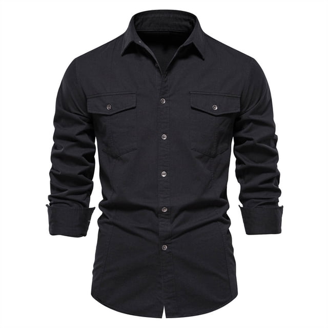 Xysaqa Men's Regular-Fitted Long Sleeve Cotton Shirt Two Pocket Work Outdoor T Shirts with Button Up