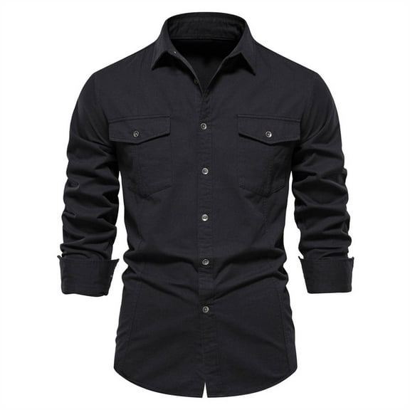 Mens Button-Down Shirts with Pockets Collared Long Sleeve T Shirt Casual Slim Solid Color Basic Comfort Lapel Workwear Tops Tshirts