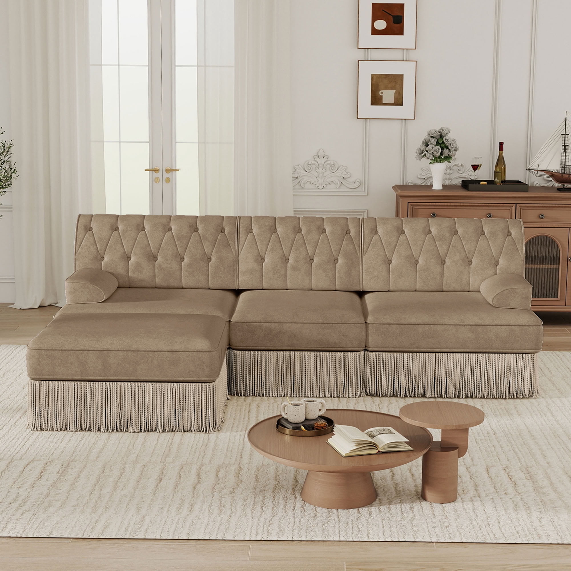 MAYEERTY 3-Seater Cloud Sectional Sofa, Chesterfield Modular Couch with Ottoman, Solid Wood Base for Living Room & Home Study