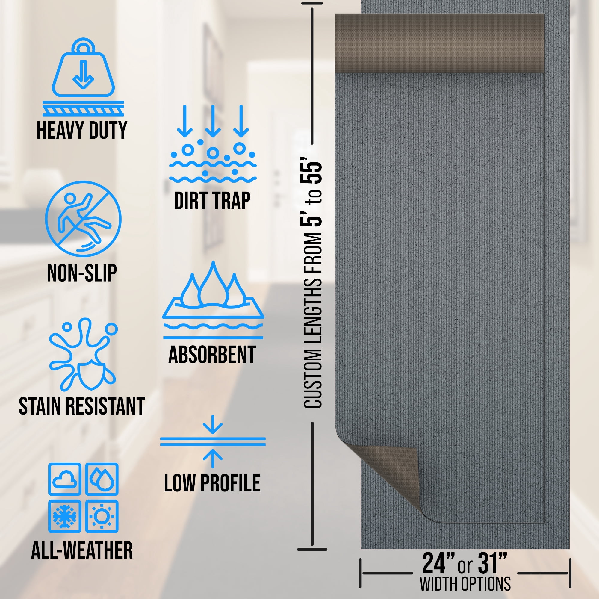 24 in. Wide x Cut-to-Length – Non-Slip, All-Weather, Heavy-Duty Utility Runner Rug – Absorbent, Dirt-Trapping, Kid and Pet Safe for Entryways and High-Traffic Areas, Gray