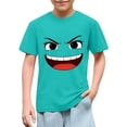 thumbnail image 1 of Blusas y camisas de manga corta con cuello redondo para niños y niñas, color liso, con estampado de expresión linda, manga corta, holgadas y cómodas, blusa para niña, 1 of 6