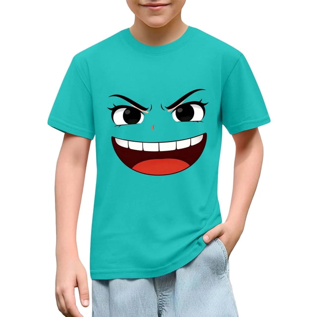 Blusas y camisas de manga corta con cuello redondo para niños y niñas, color liso, con estampado de expresión linda, manga corta, holgadas y cómodas, blusa para niña