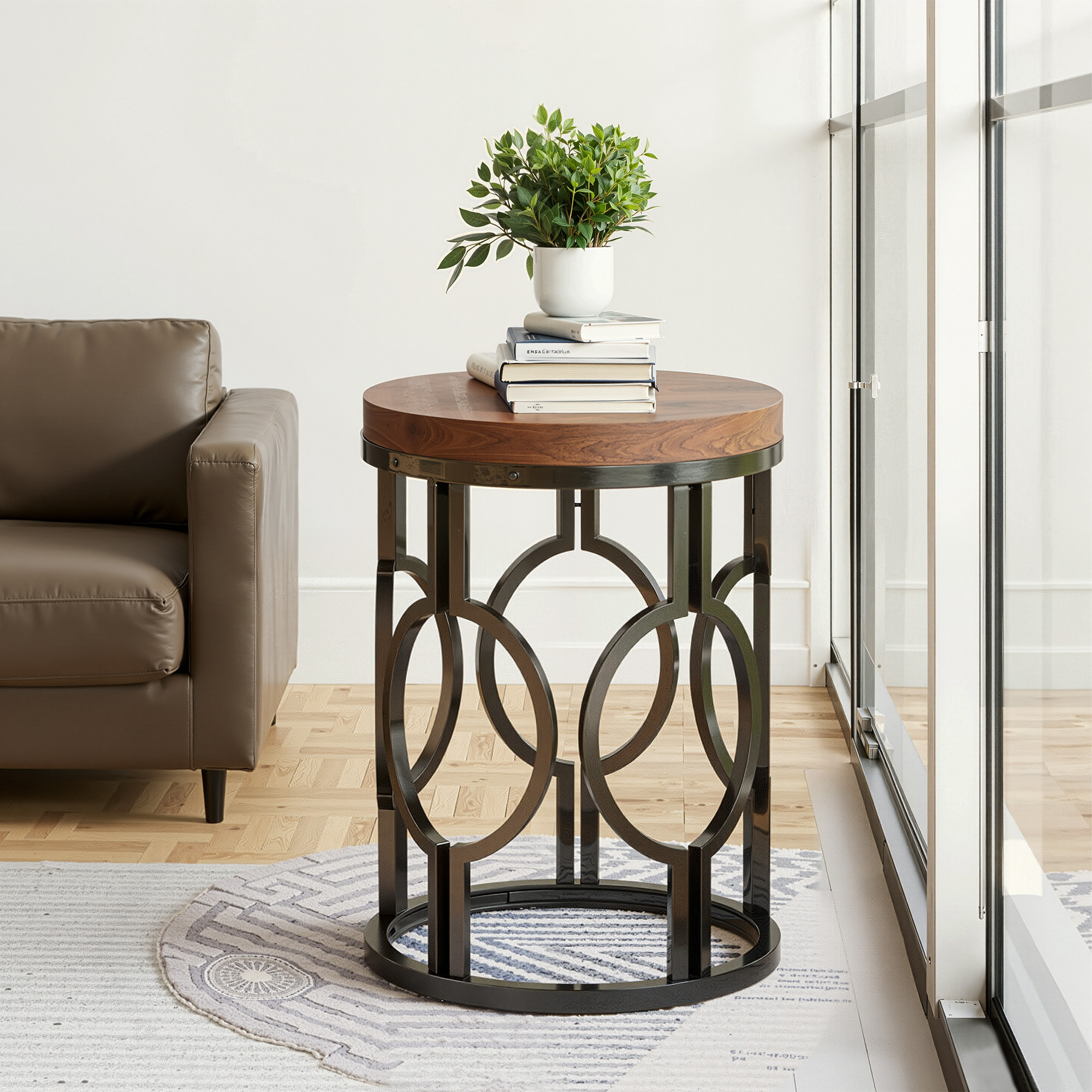MAYEERTY Industrial Round Side Table, Hollow Metal Frame End Table with MDF Tabletop, Space-Saving Design for Home Decor