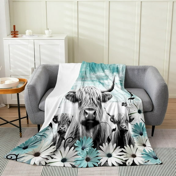 Highland Cattle Fleece Blanket Throw 50x60 Funny Bull Cow Blanket Teal Blue Retro Floral Throw Blanket Farmhouse Safari Animal Fuzzy Blanket,Warm All Season