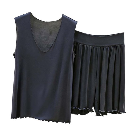 QINGFSAP Womens V Neck Lounge Set Sleeveless Tank Top and Drawstring Scalloped Shorts