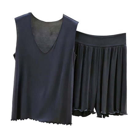 Tsesme 2picec Sleepwear Set for Women V-Neck Sleeveless Tops Ruffle Shorts Pajama Set Soft Comfy Loungewear Set Gray 4XL