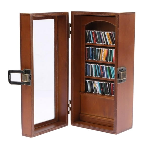 Hyasfey Mini Bookcase with 80 Tiny Book Model Wooden Miniature Bookshelf Book Display Cabinet Stress Anxiety Relief Desktop Decoration Birthday Gift
