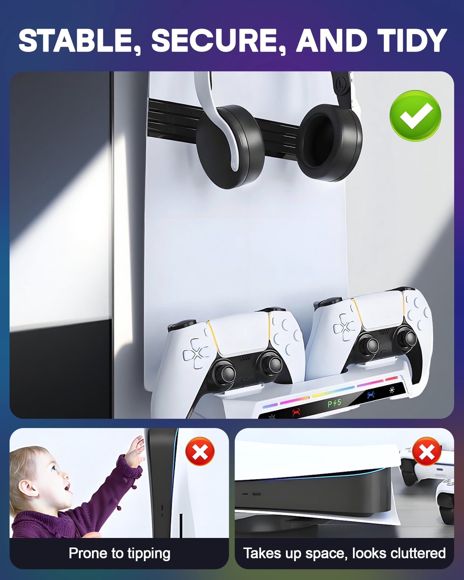 for PS5 Wall Mount Kit with 2-in-1 Charging Station, Floating Shelf Holder with Controller Fast Charger, 9 RGB Light Modes, for All PlayStation 5/Slim/Pro Disc & Digital Console