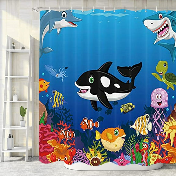 Kids Love Sea Animals Shower Curtains, Cartoon Whale Sea Life Swimming in Coral, Polyester Fabric Waterproof Ocean Animal Tropical Fish Bathroom Bath Curtain, Shower Curtain Hooks Included, 69X70in