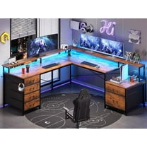 SEDETA L Shaped Desk with 6 Drawer, 108" Home Office Desk with File Drawer & Power Outlet, Corner Computer Desk with Monitor Shelf, Two Person Desk, Gaming Desk with Led Lights, Ru