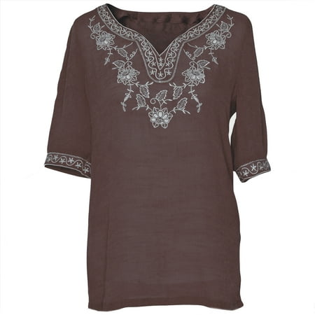 Embroidered  Embroidery Tunic Shirt Top Blouse M L Xl 2Xl 3Xl 4Xl - Chocolate (Best Blouse Design For Designer Saree)