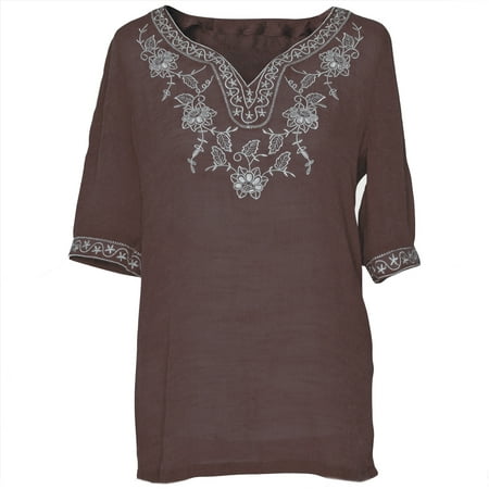 Embroidered  Embroidery Tunic Shirt Top Blouse M L Xl 2Xl 3Xl 4Xl - Chocolate (The Best White Blouse)