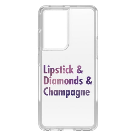 DistinctInk Clear Hybrid Case for Samsung Galaxy S21 Ultra (6.8 Screen) - Lipstick & Diamonds & Champagne - Tempered Glass Back