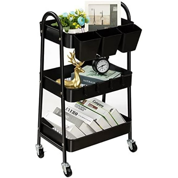 3-Tier Rolling Cart, Utility Cart Mobile Metal Rolling Storage Cart with Lockable Wheels & Hanging Cups & Hooks for Kitchen, Bathroom, Office, Workshop, Black