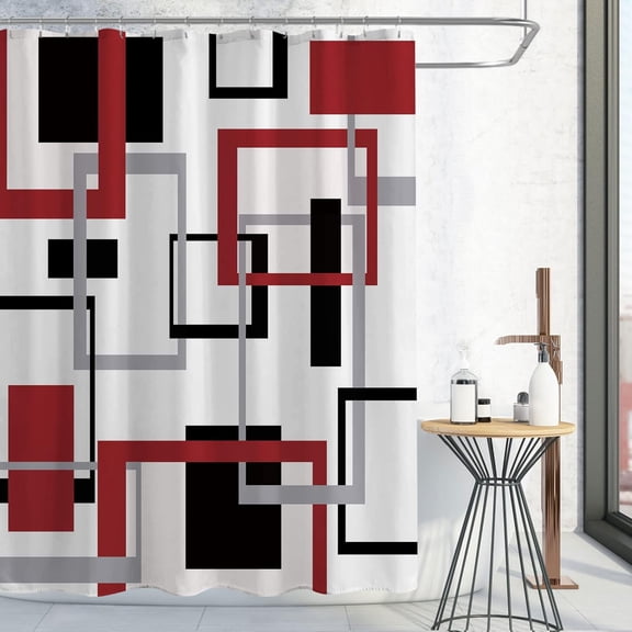 Red Shower Curtain, Mid Century Modern Geometric Shower Curtain Set, Abstract Red Black Grey Square White Backdrop Waterproof Fabric Shower Curtain for Bathroom Decor, 72 x 72
