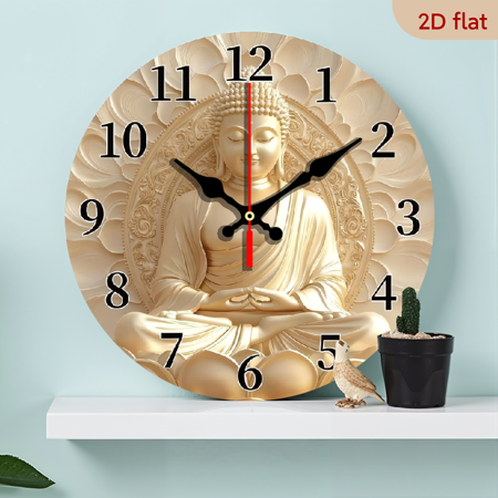 10-inch 2D flat Peaceful and Serene Buddha Statue theme wooden silent wall clock. An excellent choice for Halloween/Easter/Christmas gifts, suitable for modern home decoration art.