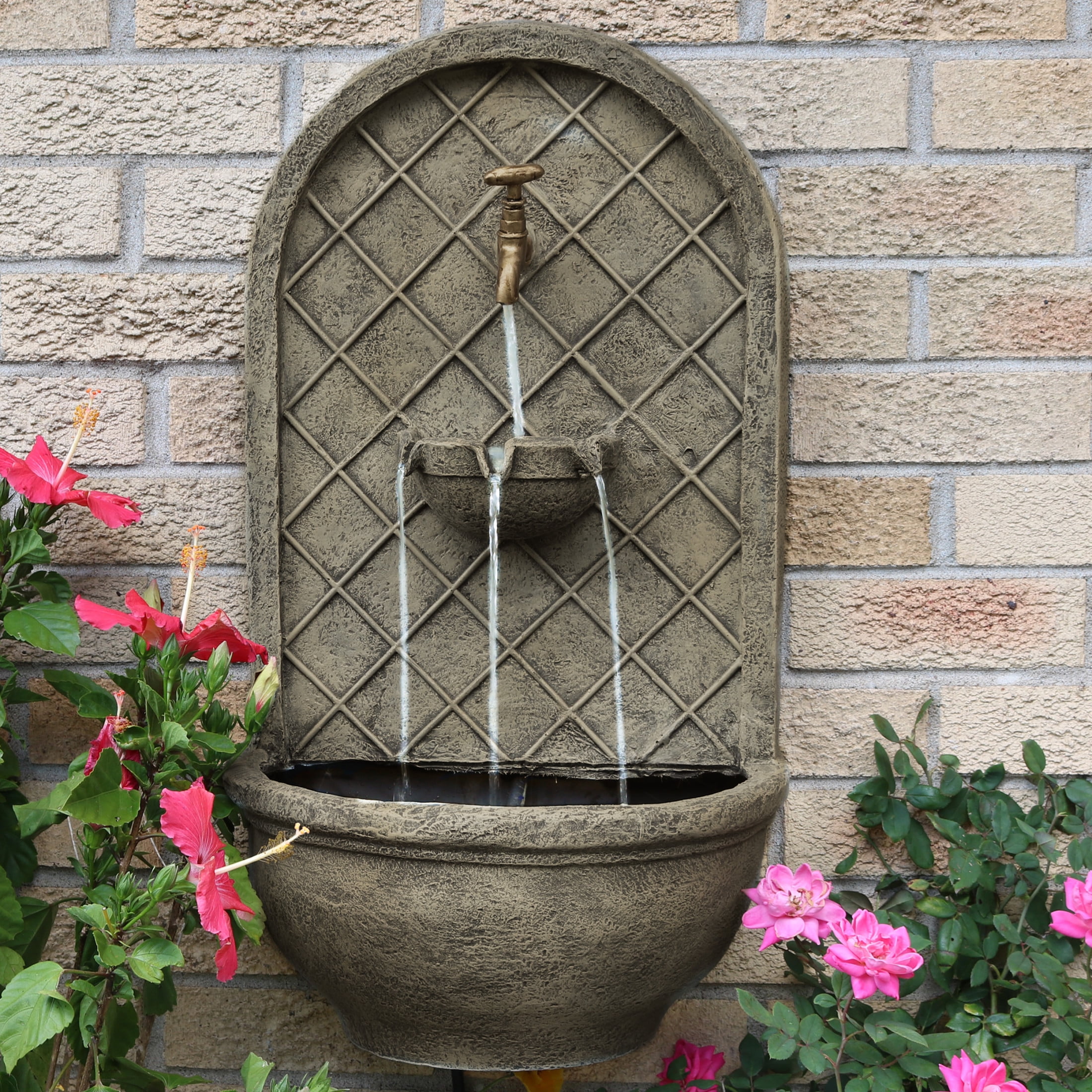Sunnydaze Messina Polystone Outdoor Wall Fountain, French Limestone Finish