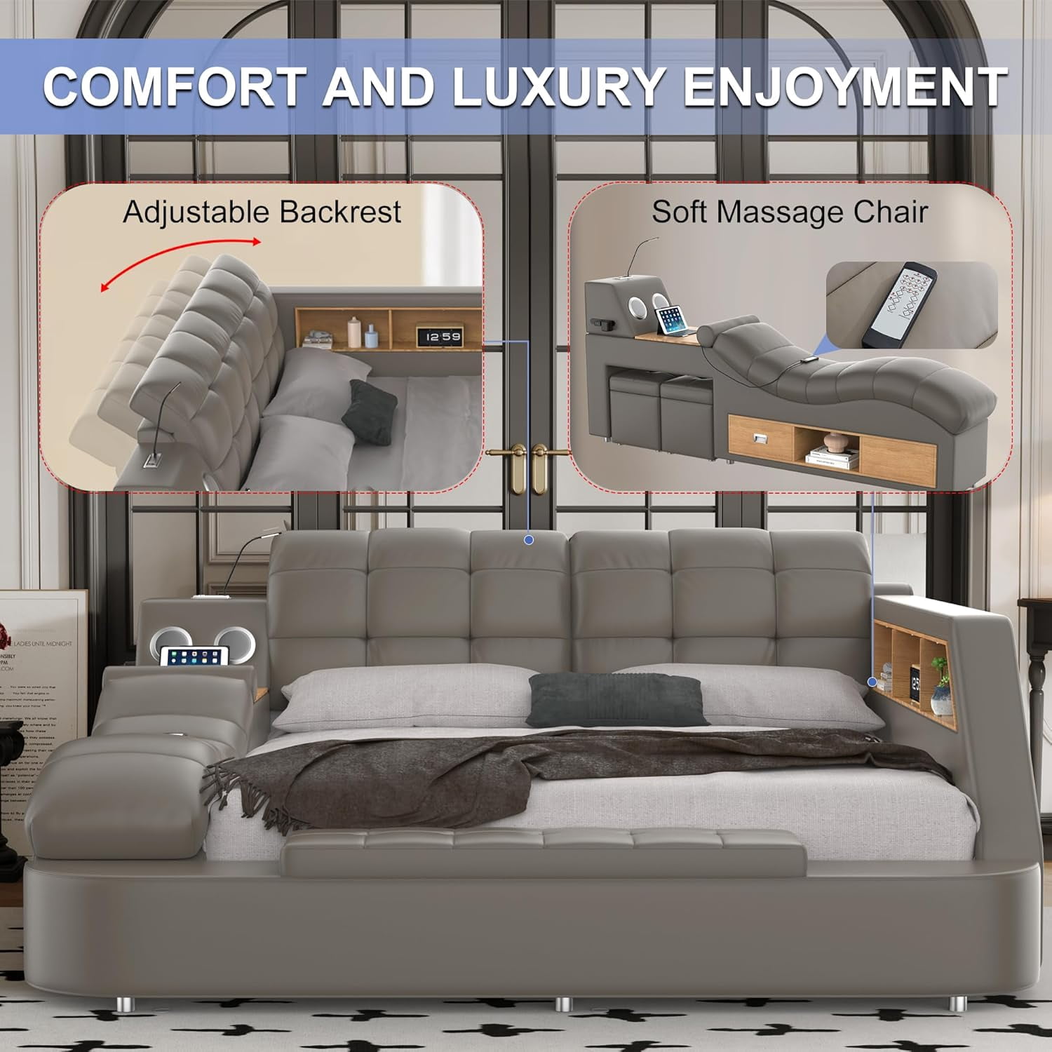 Multifunction Smart King Bed Frame, Upholstered Platform with Massage Recliner, Storage Drawers, Bluetooth Speaker, USB Charging Port, Adjustable Headboard