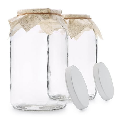 2 Pack - 1 Gallon Glass Jar w/ Plastic Airtight Lid, Muslin Cloth, Rubber Band - Wide Mouth Easy to Clean - BPA Free & Dishwasher Safe - Kombucha, Kefir, Canning, Sun Tea, Fermentation, Food Storage