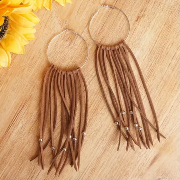 Boho Handmade Tassel Long Fringe Silver Bead Hoop Earring Dangle Leather Jewelry