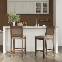 Guyou 26" Rattan Bar Stools Set of 2, Farmhouse Chenille Upholstered Counter Height Stools with Cane Woven Back, Mid-Century Modern Wooden Bar Chairs for Kitchen Island, Walnut Brown