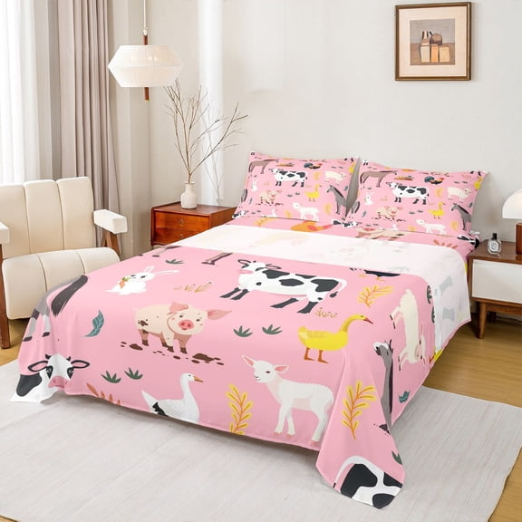jejeloiu Cute Milk Cow Twin Sheet Sets,Kawaii Animal Pig Twin Fitted Sheet,Rustic Farmhouse Cabin Flat Sheet,Microfiber Bedroom Decor,3 Pieces
