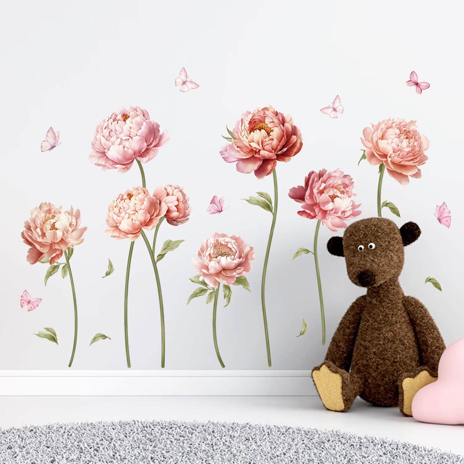Pink Peony Rose Flower Wall Stickers Boho Floral Transparent sticker Peel and Stick Wall Art Decals for Girls Bedroom Living Room TV Wall Office Wall Decor glass decals