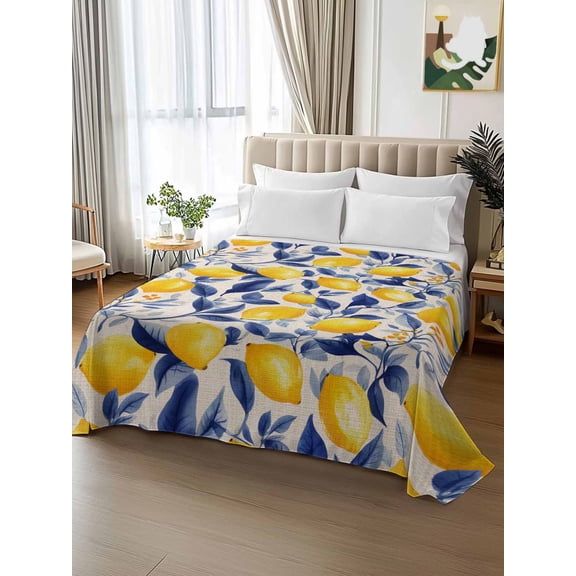 King Size Flat Sheet Only,Vintage Lemon Blue Leaves on Linen Soft Top Bed Sheets Breathable Bedding Sheet Watercolor Botanical Microfiber Hotel Top Sheets