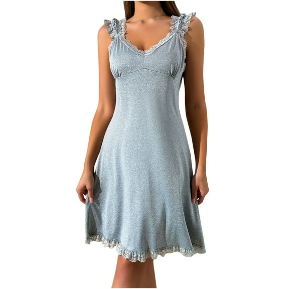Busydd Nightgowns for Women Fashion V Neck Solid Color Nightdress Casual Sleeveless Pajamas Comfy Slim Lace Sleepwear
