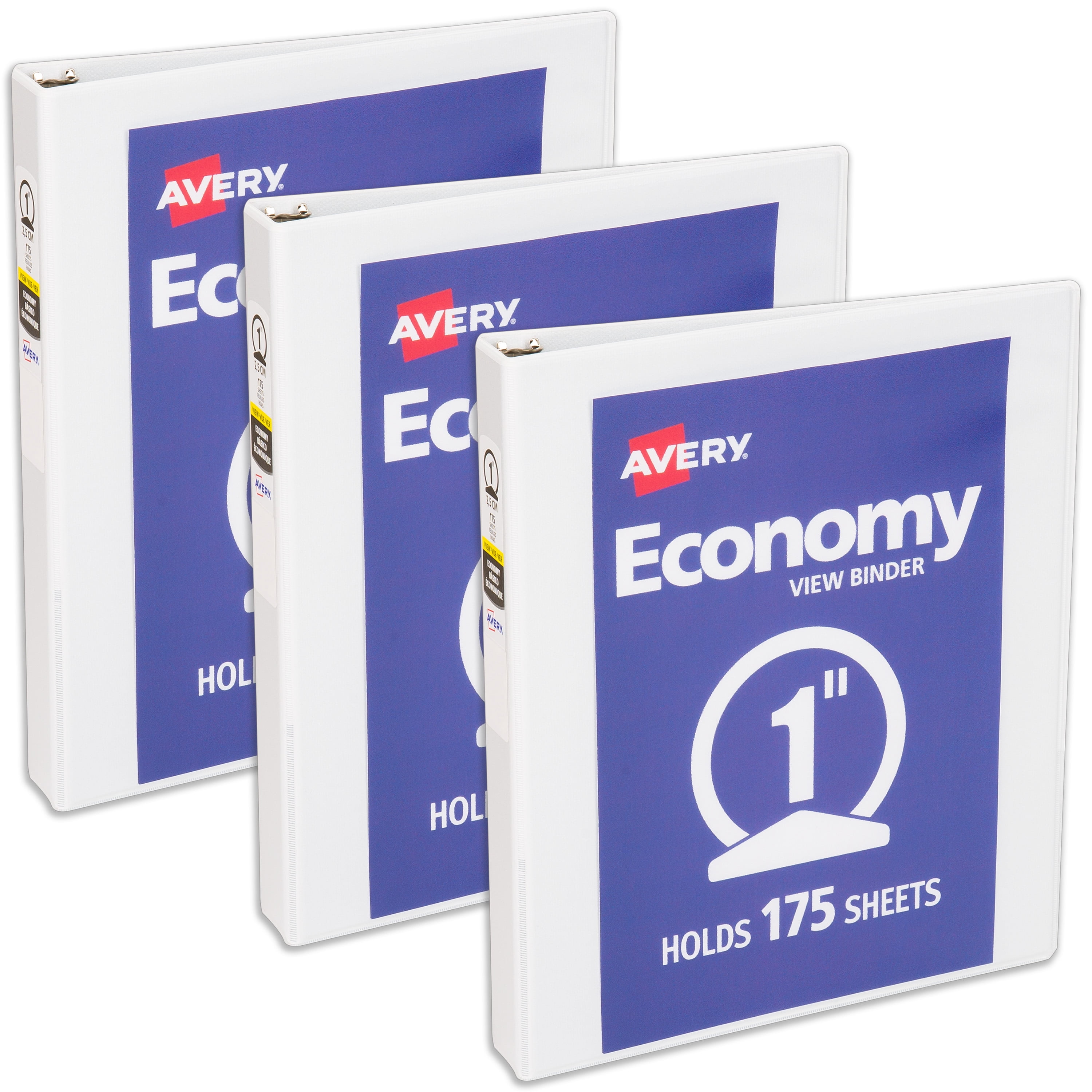 Avery Economy View 3 Ring Binder, 1 Inch Round Rings, 3 White Binders