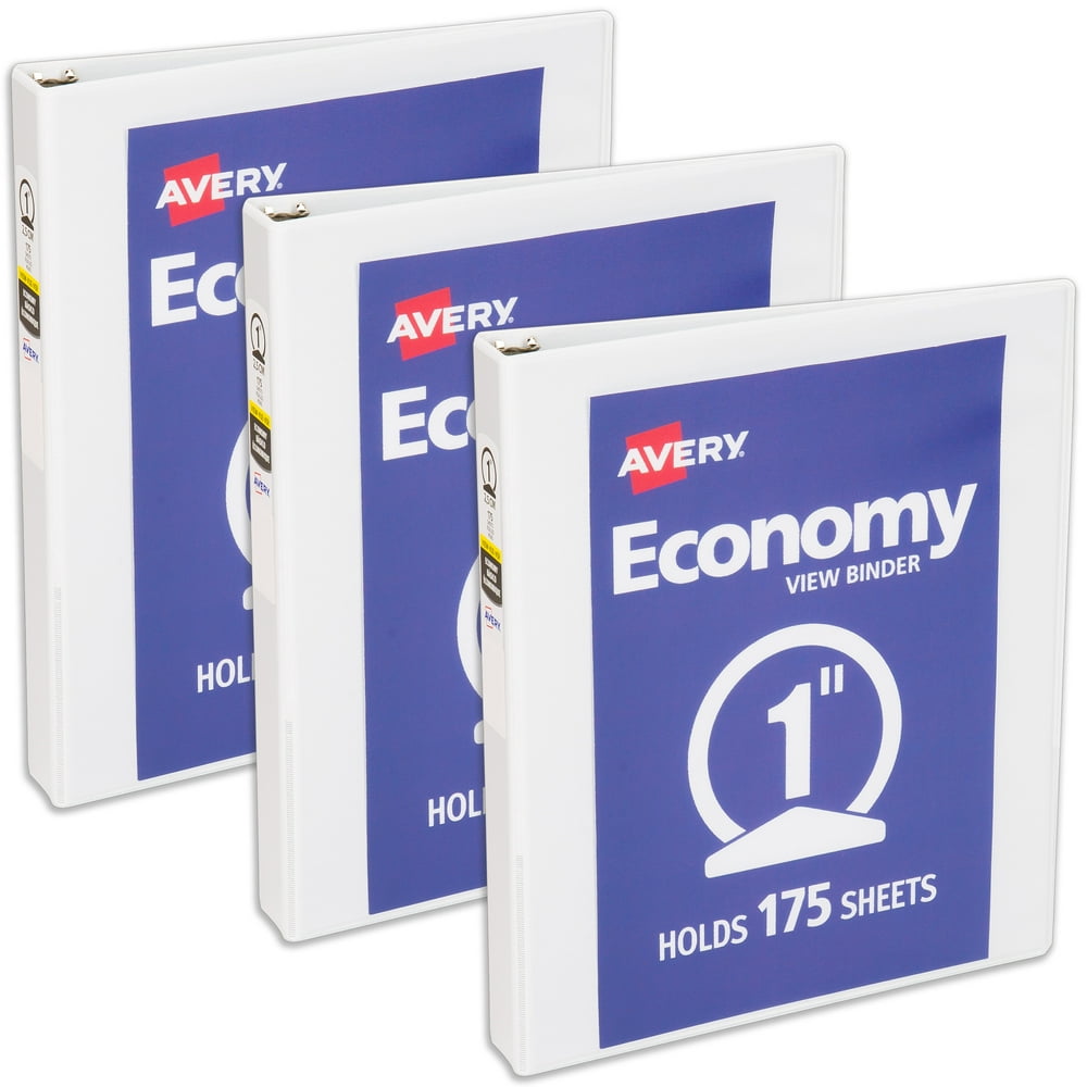Avery Economy View 3 Ring Binder, 1 Inch Round Rings, 3 White Binders