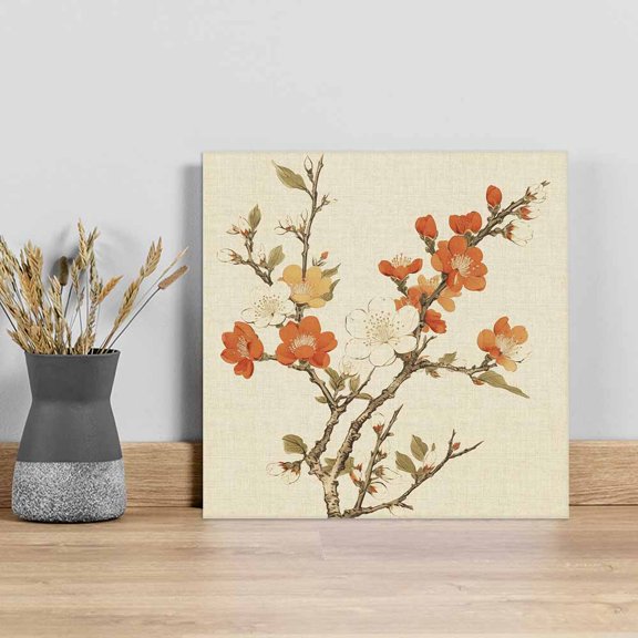 Vintage Botanical Wall Art Painting on Canvas, Red Spring Floral Botanical Farmhouse Canvas Art Home Prints Wall Art Framed Modern Artwork for Living Room Bedroom Wall Decor 8x8in