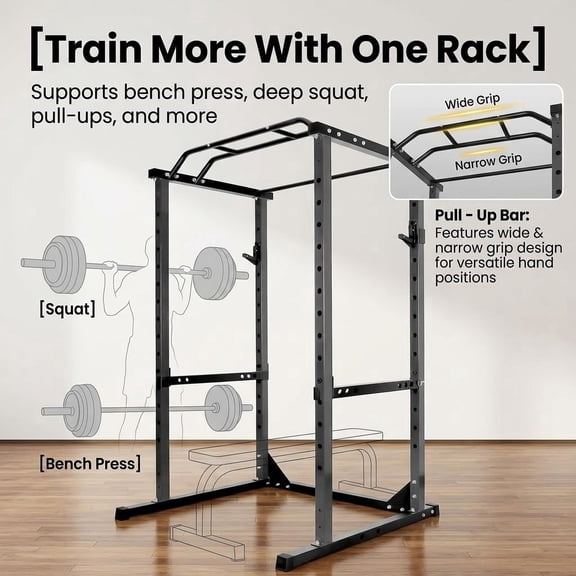 Commercial-Grade Squat Rack with 1200lbs Weight Capacity, Adjustable 14-Speed Power Cage for Home Gym Workouts, Multi-Function Power Cage with Pull-Up Bar and J-Hooks